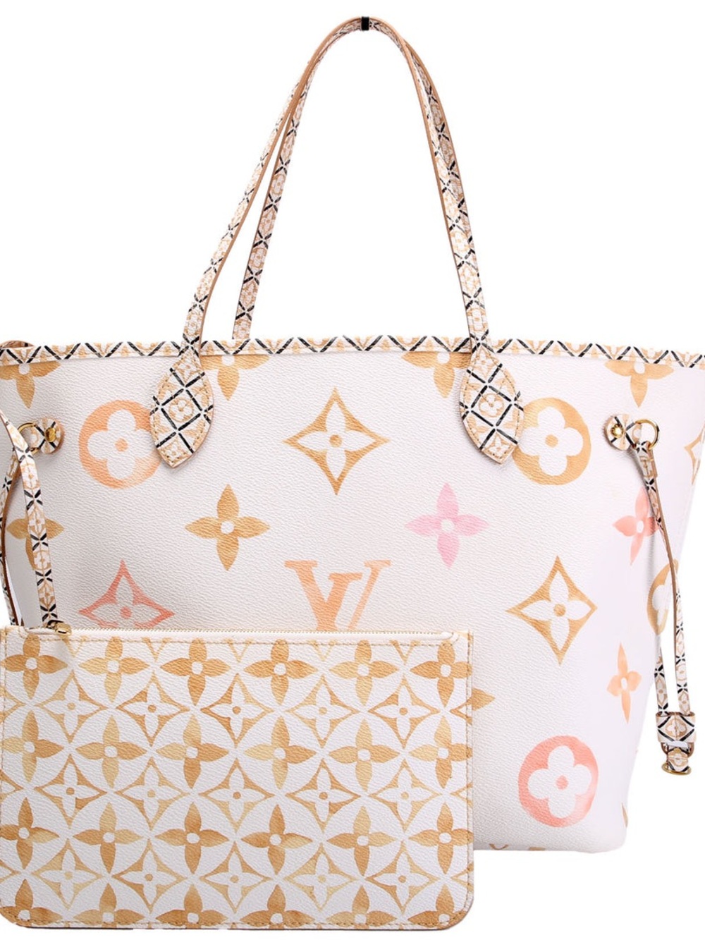 Louis Vuitton Neverfull MM White and Pastel Monogram Tote Bag w/pouch